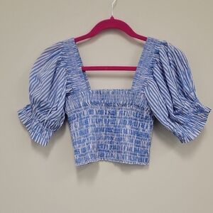 Chic Blue Striped Puff Sleeve Blouse